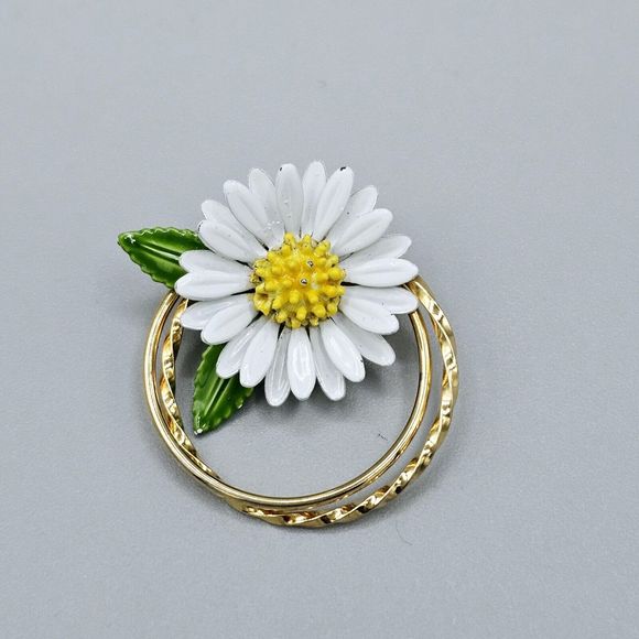 Daisy Flower Brooch Vintage Enamel Double Circle 10k Gold Plated 3D Jewelry - Picture 8 of 9